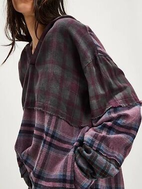 Free People One Teaspoon Plaid Flannel Hoodie Dark Purple /teal M
